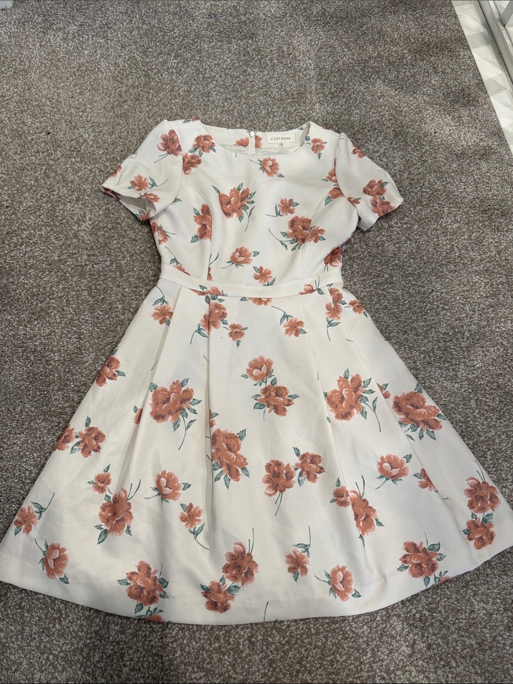 Cream Floral Fit-and-Flare Dress with Peach Flowers Size S more like XS